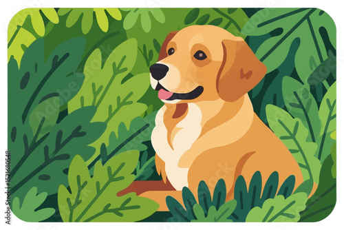 Golden Retriever in Lush Greenery - Cartoon Dog Art Illustration - Cute Pet Animal Surrounded by Plants - Whimsical Nature Scene - Dog Lovers Gift Idea
