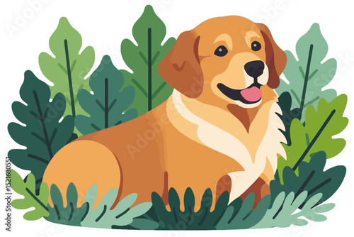 Golden Retriever Illustration-Cute Dog Cartoon Art-Pet Animal Graphics-Happy Puppy in Lush Green Foliage-Adorable Canine Design for Dog Lovers