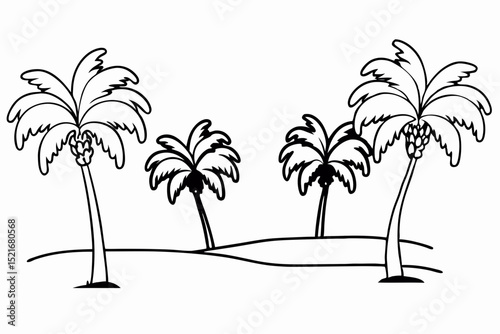 Three palm trees illustrated in black on a white background, concept of tropics  