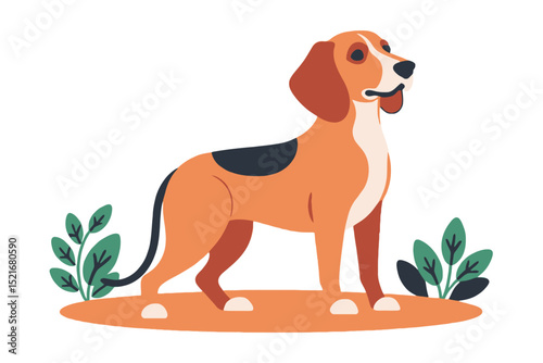 Cartoon Hound Dog Illustration - Adorable Pet Graphic for Your Project - Vector Image of a Cute Brown and White Dog Standing in a Field with Greenery