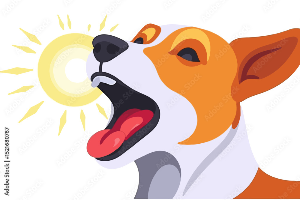 Fototapeta premium Dog Barking at the Sun-Funny Cartoon Illustration of a Dog Howling-Cute Pet Illustration-Orange and White Dog Art-Animal Character Design-Bright Yellow Sun Graphic