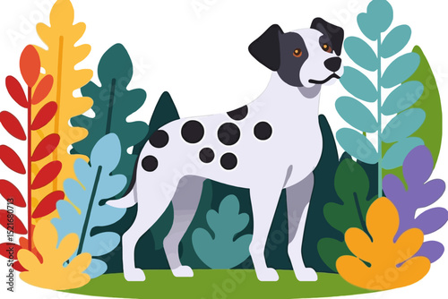 Spotted Dog Illustration-Cute Cartoon Dog Surrounded by Colorful Foliage-Playful Pet Portrait with Artistic Flair-Dog Breed Art for Home Decor