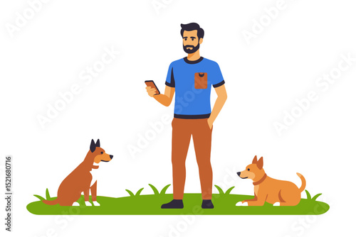 Man with Phone and Two Dogs on Grass Vector Illustration - Modern Lifestyle with Pets and Technology - Perfect for Dog Lovers and Tech Enthusiasts