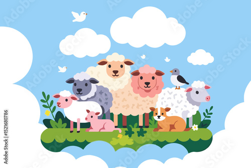 Cute Cartoon Sheep and Dog Friends Illustration- Whimsical Animal Art for Kids- Colorful Meadow Scene with Birds and Happy Sheep- Perfect for Children's Books and Nursery Decor