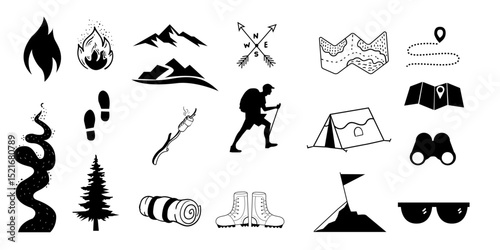 Hiking Design set,Hiking icon and illustration collection, Hand drawn design element,mountain trail,peak, camping ,outdoor,night camp activity.