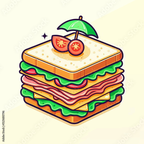 A cartoon square sandwich stacked with layers of lettuce ham cheese and tomato garnished with an umbrella