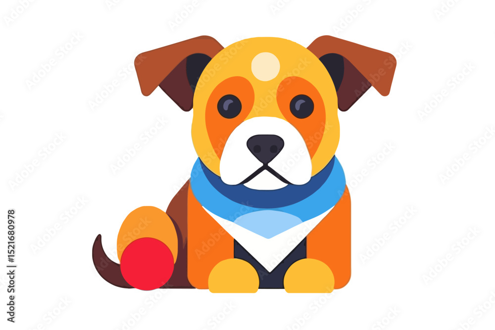Fototapeta premium Cute Dog Illustration with Bandana-Geometric Dog Design-Modern Dog Art for Pet Lovers-Playful Dog Clipart-Colorful Puppy Graphic-Dog with a Ball