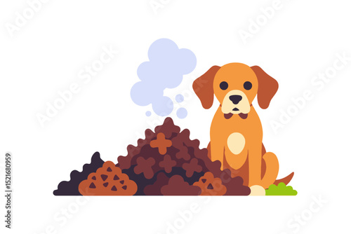 Cute Dog Cartoon with Big Pile of Poop Illustration-Funny Pet Behavior Clipart for Children-Adorable Puppy and His Messy Business-Animal Humor Graphics