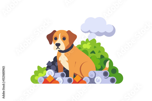 Cute Dog Cartoon Illustration- Friendly Pet Sitting Outdoors in Nature- Vector Art for Children and Animal Lovers- Adorable Puppy Graphic Design