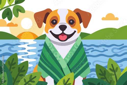 Cute Dog Illustration with Towel - Smiling Pup Near Lake at Sunset - Happy Cartoon Animal Vector Art for Kids- Friendly Canine Drawing