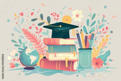 Illustration of stacked books with a graduation cap, globe, pencils in a holder, and floral elements on a light background.