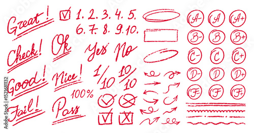 Exam Grade Marks Red Crayon Icons Set. School Score Teachers Handwriting Education Grading Doodle Symbols Collection. Homework Score Hand Drawn Chalk Vector Emphasis Scribble Style Symbols