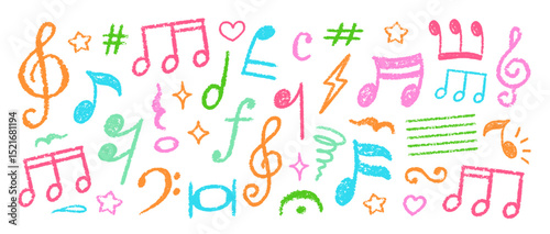 Crayon Musical Notes Vector Set. Chalk Scribble Music Symbol Shapes Collection. Pastel Colors Hand Drawn Brush Texture Treble Clefs. Pencil Emphasis Elements Charcoal Doodle Audio Icons Bundle