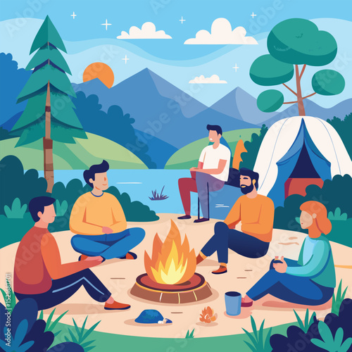 Friends camping. Campers at fire, relaxing at bonfire in nature. Men tourists sitting at campfire outdoors, talking, resting at campsite on summer holiday