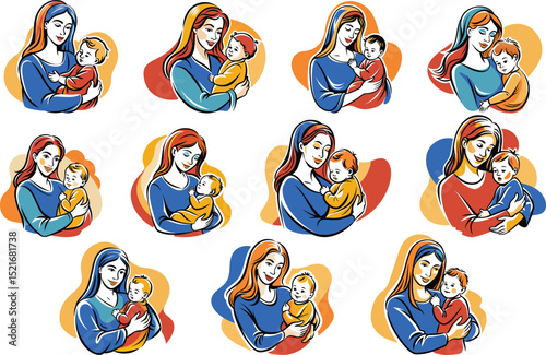 mother with her baby care logo, Mother's Day art set vector illustration