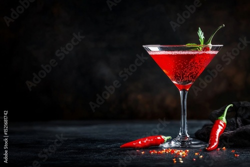 Refreshing Cocktail With Red Chili Garnish on a Dark Background Ready for Enj...