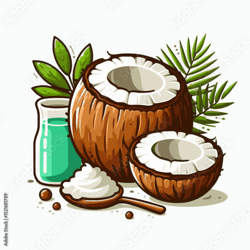A coconut and halved coconut with leaves and oil in jar spoon with cream
