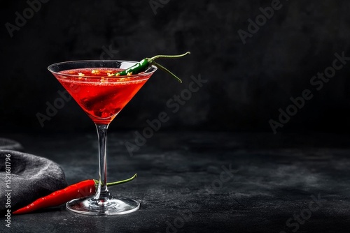 Unique Spicy Cocktail With Vibrant Red Color Garnished With Chili Pepper on D...