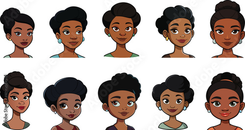 brown girl face set vector illustration