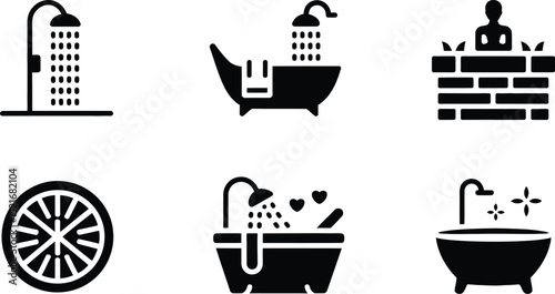 A collection of black and white icons depicting bathroom fixtures and wellness related items in a grid layout