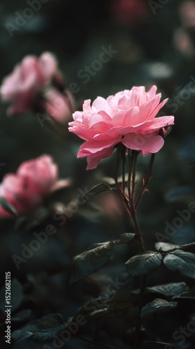 Beautiful Pink Roses Bloom Amidst Dark Green Leaves in a Spring Garden