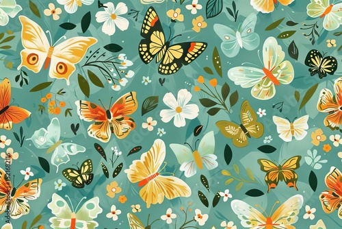 Illustration with various butterflies, flowers, and leaves on a teal background.