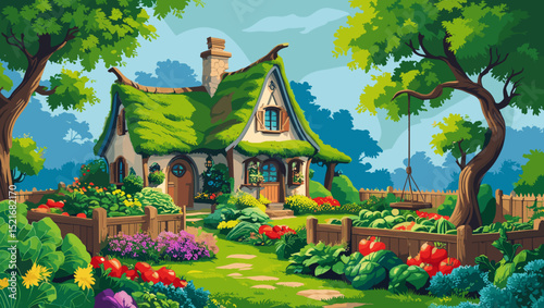 Charming cottage surrounded by a lush garden filled with vegetables and flowers under a bright sky