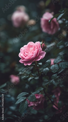 Blooming Pink Roses in a Lush Garden During a Serene Morning.