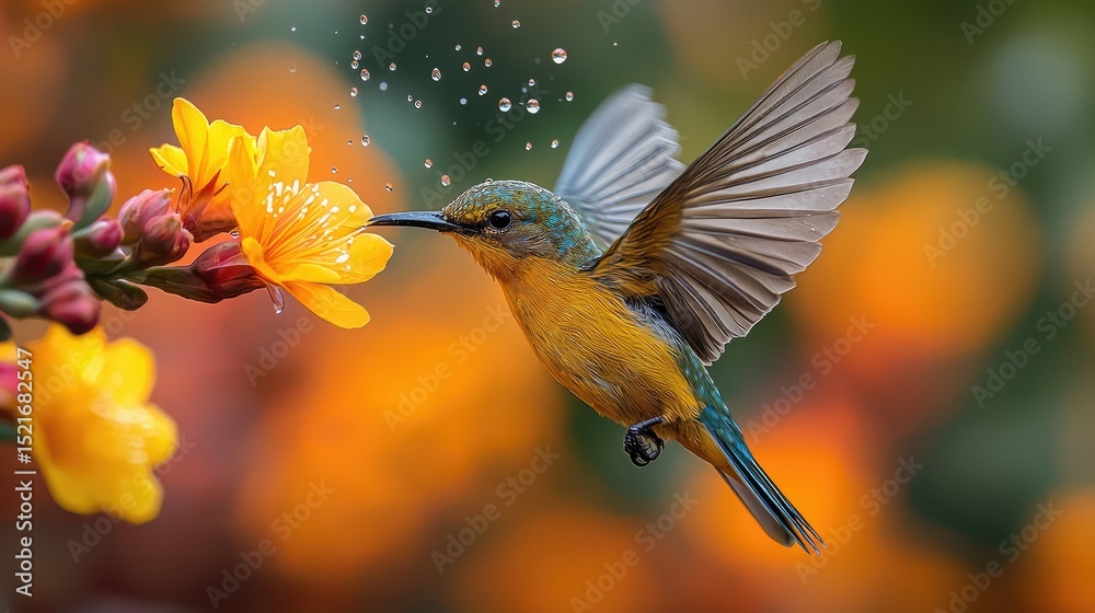 Naklejka premium A hummingbird hovers near bright yellow flowers.