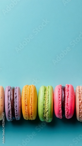 Colorful Macaron Assortment Arranged Neatly on a Turquoise Background