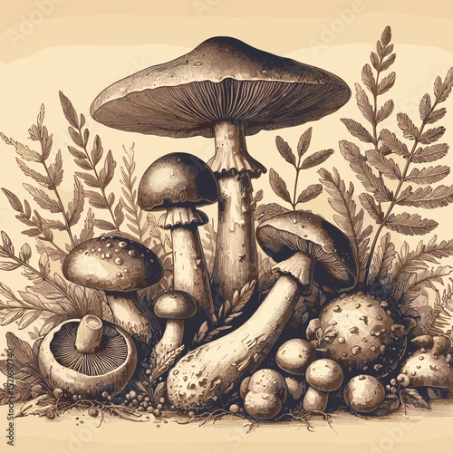 Intricate vintage illustration of various mushrooms surrounded by ferns and natural foliage on a beige background