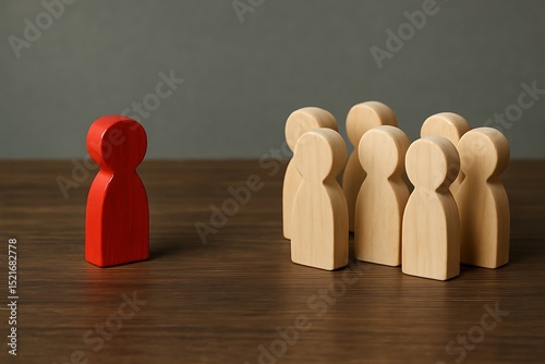 Leadership and Teamwork One Red Leader Guiding a Team of Wooden Figures, Symbolizing Effective Management and Collaboration in Business