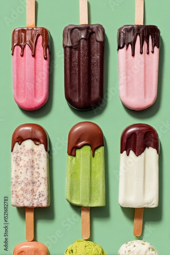 Colorful Ice Pops Arranged Neatly Against a Green Background Ready for Summer...