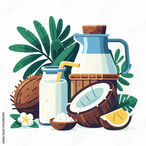 A still life featuring coconuts coconut water in a glass jar and a pitcher and tropical foliage