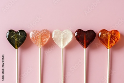 Colorful Heart-Shaped Lollipops Arranged Neatly on a Pink Background for Cele...