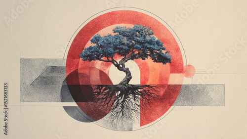Tree with roots in geometric abstract red circle, modern nature art