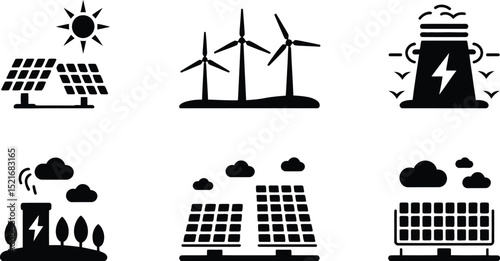 A collection of six black and white icons depicting various forms of energy generation and power plants