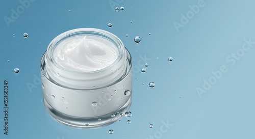 Clear jar with white cream on a blue background. Water droplets surround the jar.
