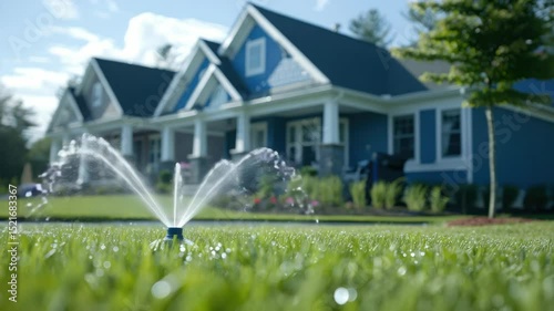 Residents maintain lush lawns using sprinklers while showcasing beautiful homes in a sunny suburban environment