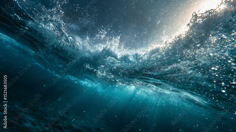 Fototapeta premium Underwater ocean wave, sunlight rays, blue water, nature