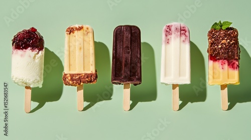 Variety of Colorful Ice Pops Arranged on a Mint Green Background During Sunny...