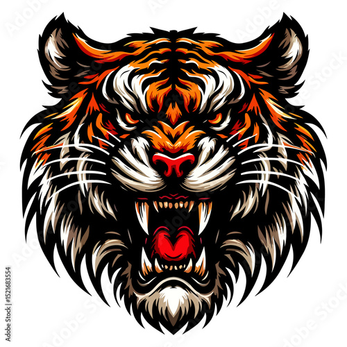 Majestic Tiger Head: A Fierce Roar, Close-Up Portrait of a Powerful Predator
