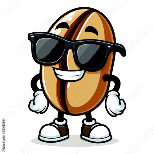 Cool Coffee Bean Cartoon Character in Sunglasses: Fun, Happy, and Roasted