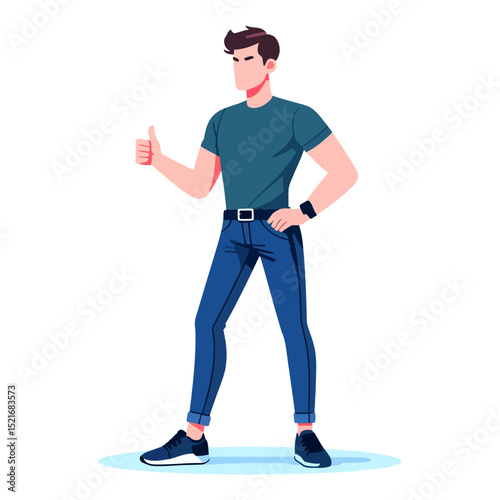 A young man in casual wear gives a thumbs up, expressing positivity and approval. A modern and trendy illustration.