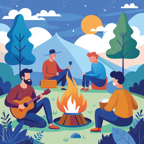 Friends camping. Campers at fire, relaxing at bonfire in nature. Men tourists sitting at campfire outdoors, talking, resting at campsite on summer holiday