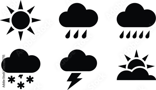 A set of six black and white weather icons depicting sun rain snow storm and partly cloudy conditions