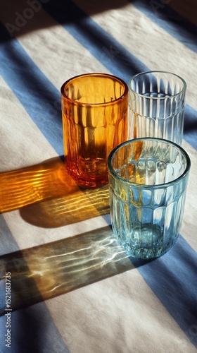 Colorful Decorative Glasses Casting Shadows on a Surface in Natural Light.