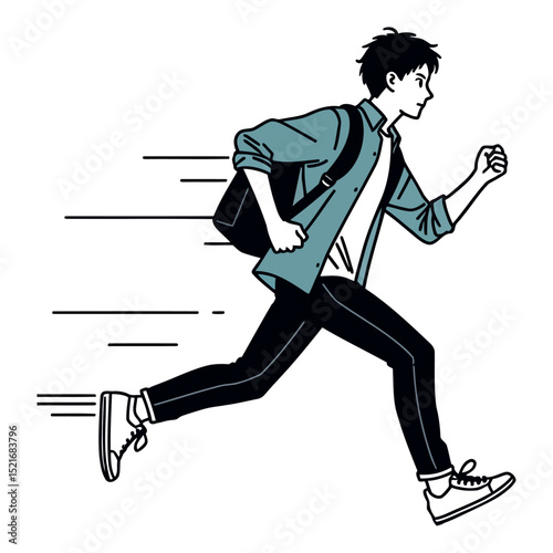 A young man running fast with a backpack, capturing the energy of a busy lifestyle.  Dynamic illustration of speed and motion.