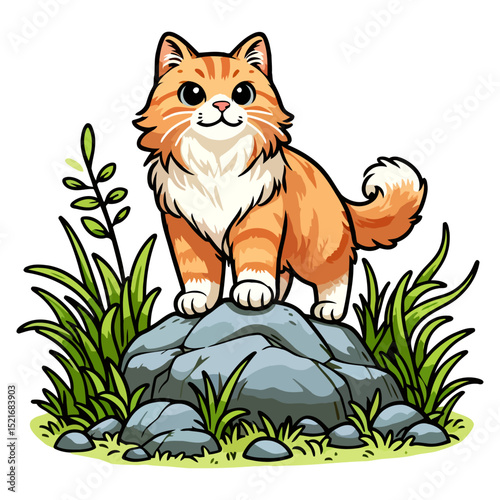 Adorable Orange Cat Sitting on a Rock in a Lush Green Grassy Landscape