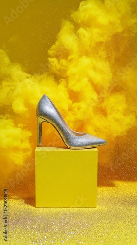 Sparkling High Heel Shoe With Colorful Smoke on Yellow Background Creates Vib...